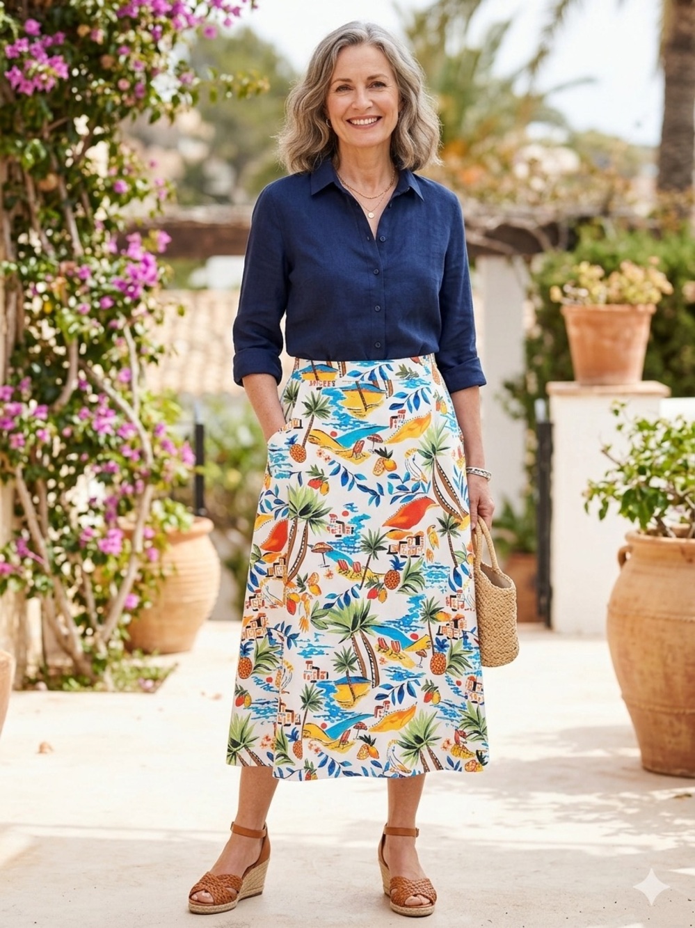 St. John's Bay Tropical Print A-Line Midi Skirt - White with Blue, Green, Orange